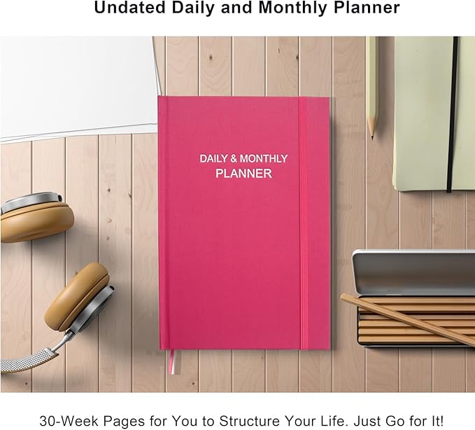 Daily & Monthly Planner for 2025 2026 or Anytime - ADHD Planner Two Pages Per Day, Daily Planner Undated to Increase Focus, Eliminate Overwhelm, Achieve Your Biggest Goals, 5.8'' × 8.3'', Pink