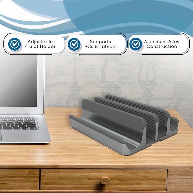 Elestoria 4 Device Vertical Laptop Stand – Adjustable Desktop Dock for MacBook, Dell, HP, Lenovo, iPad, Tablets & Phones – Multiple Slot Holder (Fits Up to 17.3") – Gray