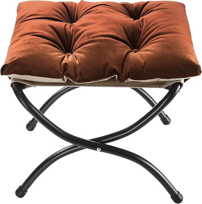 15" Foldable Foot Stool Ottoman with Metal Frame - Washable Brown Upholstered Indoor/Outdoor Footrest for Living Room, Bedroom, Patio - Space-Saving Compact Design