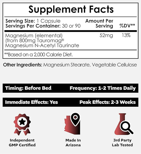 Nootropics Depot Tauromag Capsules | 800mg Magnesium N-Acetyl Taurinate | 30 Count