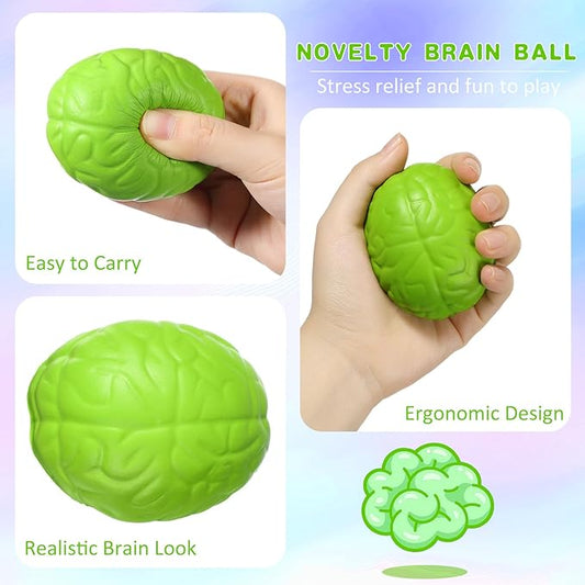 Leitee 12 Pcs Brain Stress Balls Bulk Large Halloween Brain Toys PU Hand Muscle Exercise Pressure Ball Funny Stress Relief Toy for Teens Adult Improving Grip Strength Prop(Green)