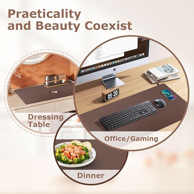 Wireless Charging Mouse Pad Firelison 2 in 1 Leather Multifunctional Office Desk Pad with Non-Slip Rubber Base, Waterproof Desk pad for Computers/Office/Work/Home/Decor( 36" x 17"Brown - R)