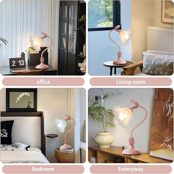 Women Bedside Table Lamps for Bedroom, Cute Flower Desk Lamp with Adjustable Flexible Gooseneck, 3 Color Temperatures Nightstand Lamp with E26 LED Bulbs, Floral Lamp for Living Room, Office,Reading