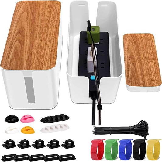 YUANYE Cable Management Box 2 Pack with 122 Cable Clips Set, Large Cord Organizer Box Hide Power Strip for Computer, Router, USB Hub and Under Desk Power Strip, Safe ABS Material Cord Management