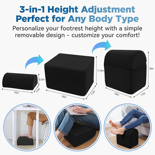 Adjustable Foot Rest for Under Desk at Work - 3-in-1 Ergonomic Foot Stool with Zipper Connection, Height Adjustable for Office, Home & Gaming (Black)