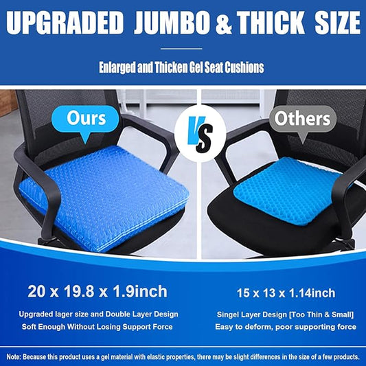 20" Gel Seat Cushion for Long Sitting(Jumbo&Thick) – Office Chair Cushion – Wheelchair Cushions for Pressure Sores – Non-Slip Desk Chair Car Seat Cushion Driving – Sciatica & Back Pain Relief