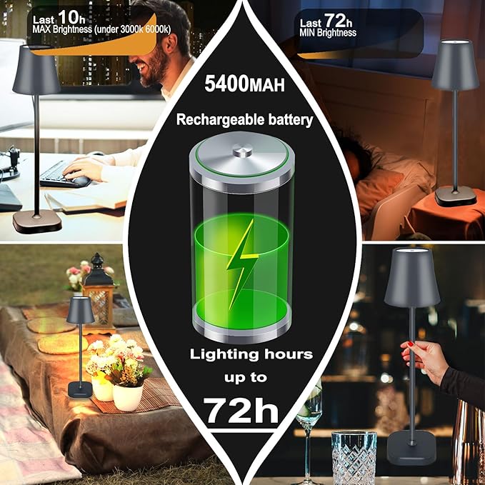 Cordless Table Lamps for Living Room:72 Hours Rechargeable Battery Operated Table Lamp: Dimmable Touch Desk Lamp: Portable Modern Industrial Bedside Table Lamps Set of 2 (Dark Grey)