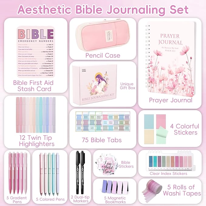 XKDOUS Bible Study Supplies Journaling Kit for Women, Bible Study Kit Includes Prayer Journal, Emergency Card, Highlighters, Tabs & More for Journaling. Great for Christian Gifts Scripture Study, Pink