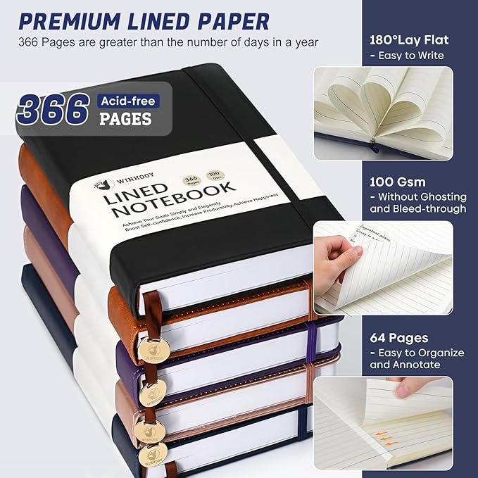 Lined Journal Notebook, 366 Pages, 100Gsm Leather Hardcover Journals for Writing Thick A5 College Ruled Classic Notebook with Pen Loop, Daily Journal for Women Men Travel Business Work Office