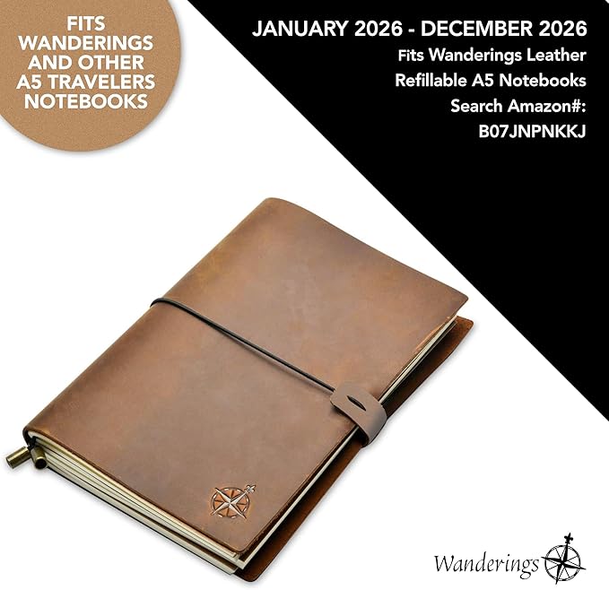 Wanderings A5 Traveler's Notebook Calendar Refill Inserts - 8 1/4 x 5 5/8 (21cm x 14.2cm) - January - December 2026 - A5 Calendar Planner Refills For Leather Travel Journals, Diaries and Planners