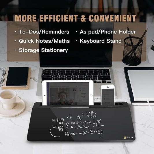 SELEAD Desktop Glass Whiteboard with Organizer, Markers, Eraser - Dry Erase Board Computer Pad Keyboard Stand with Drawer and Holder for Home, School, Office - Black