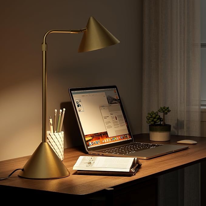 Metal Desk Lamp, 3000k Soft Light Modern Desk Lamp with Dimmer Switch, Adjustable Lighting with Swivel Arm Reading Lamp for Bedside Table, Office Desk, Task Light, Living Room(Gold)