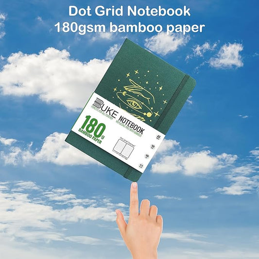 BUKE A5 Dotted Journal Dot Grid Notebook 180Gsm Bamboo White Paper, 5 * 5MM Dot Grid 160 Pages, Colored Silver Edges, Waterproof Fabric Hardcover