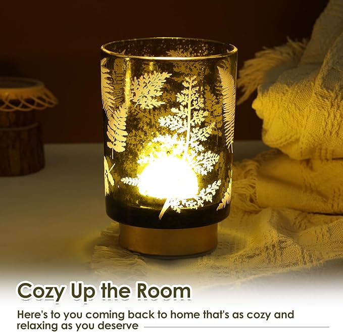 Eywamage Battery Operated Glass Table Lamp, Boho Green Ferns Leaves Mood Light with Remote, Cordless Bedside Accent Lamp Room Decor