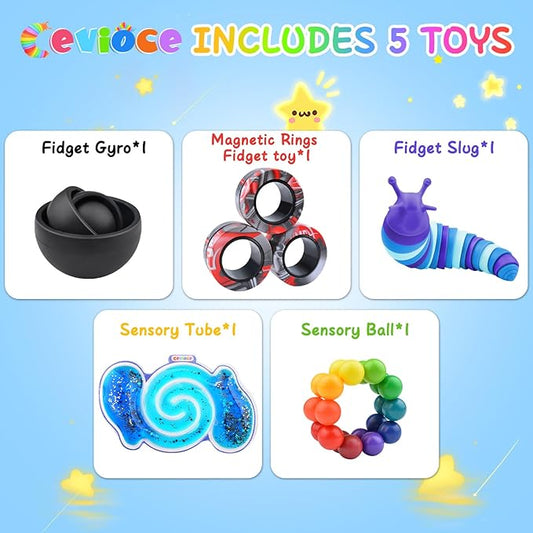 Cevioce 5Pcs Fidget Toys Adults Pack,Stocking Stuffers for Teens Boys Girls,Autism Sensory Toys with Fidget Spinner Slug Magnetic Rings,Squishy Fidget Toys ADHD Stress Relief, for Kid-B