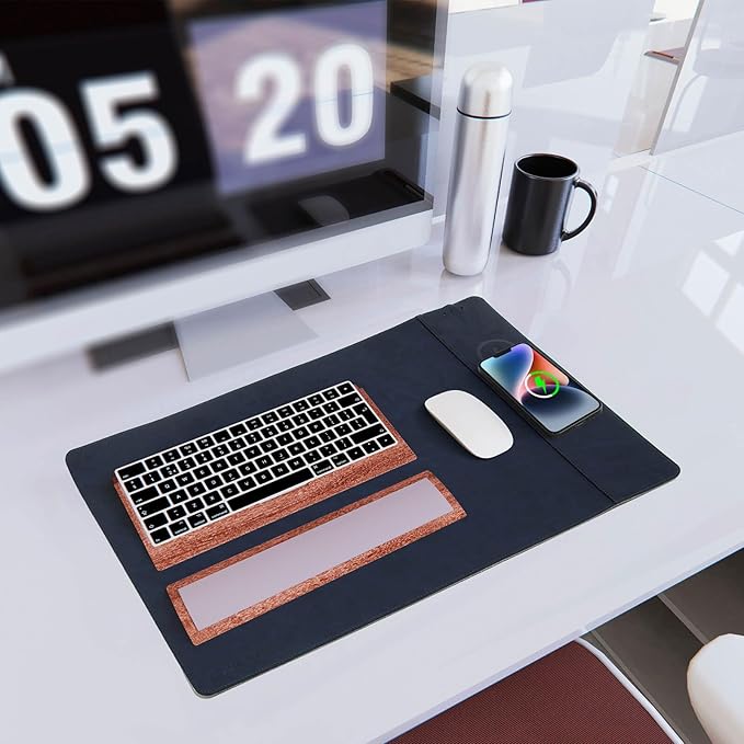 Magnetic Wireless Charging Desk Mat, 23.4"x15.6" Large Office Mouse Pad, Microfiber Leather Mouse Mat with Ultra-Smooth Surface, Waterproof Computer Keyboard Desk Mat for Office & Home, Laptop, Blue