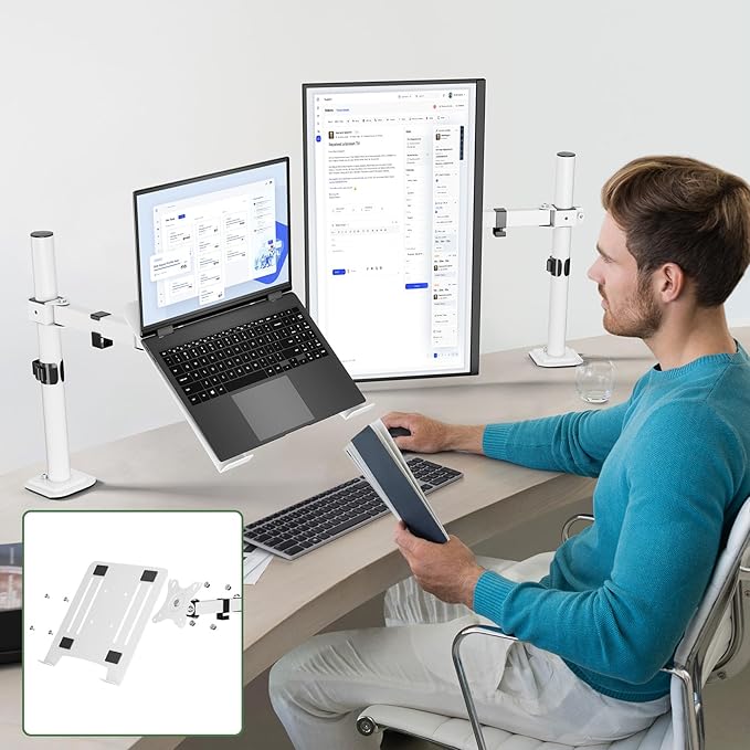 White Laptop Desk Mount with Vented Tray for Notebook up to 17 inch, Fully Adjustable Single Laptop Arm Stand Holds up to 17.6 lbs, Clamp on/Grommet Mounting