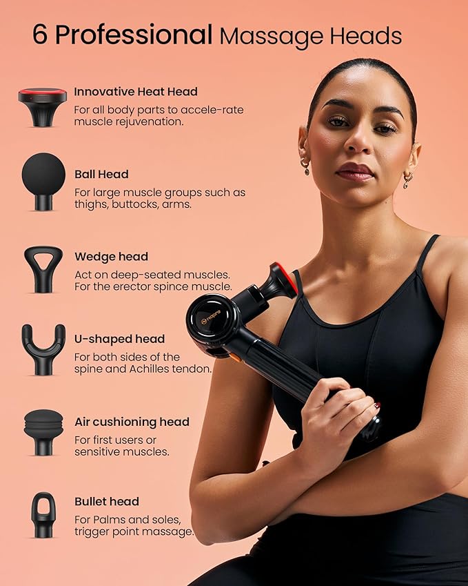 Massage Gun with Heat,Massage Gun Deep Tissue with Extension Handle & 3 Adjustable Angles,Handheld Percussion Back Massager for Muscle/Neck/Body Pain Relief with Portable Case,Black