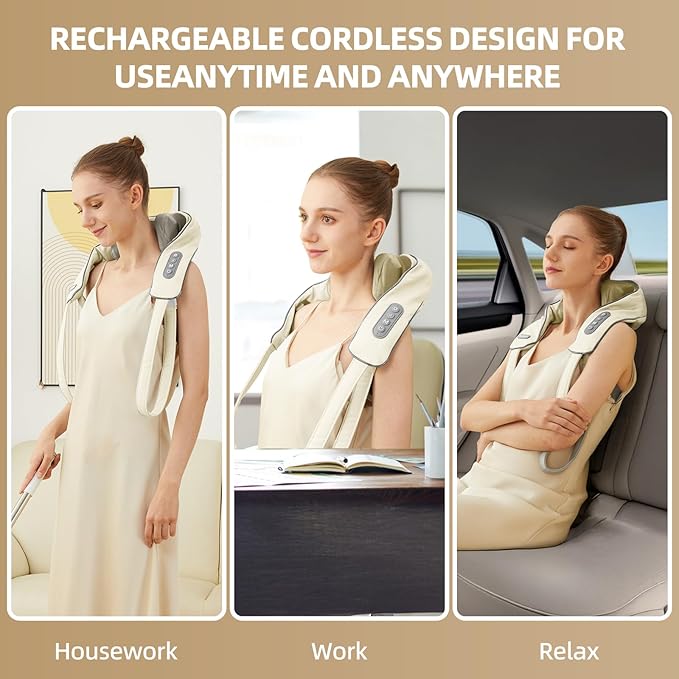 Cordless Neck Massager with Heat, Electric Neck Shoulder Massager with Heat, Kneading, 6-Point for Deep Tissue Pain Relief, Rechargeable Battery, Brushless Motor