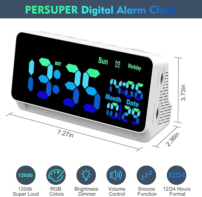 120db Super Loud Alarm Clock for Heavy Sleepers, Bluetooth Connection, 15 Wake Up Sounds, 7 Color Night Light, Dynamic RGB Color Changing, 0-100% Dimmer, Snooze, Digital Clock for Bedroom
