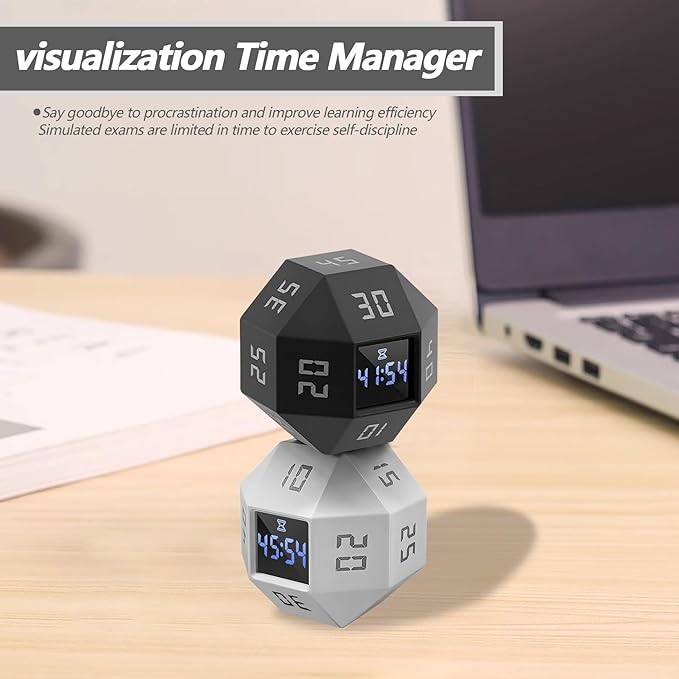 Mini 12-Sided Cube Timer with preset countdowns of 1-3-5-10-15-20-25-30-45-60-90 Minutes, a Rechargeable time Management Efficiency Tool Suitable for ADHD Management, Study and Cooking (Black)