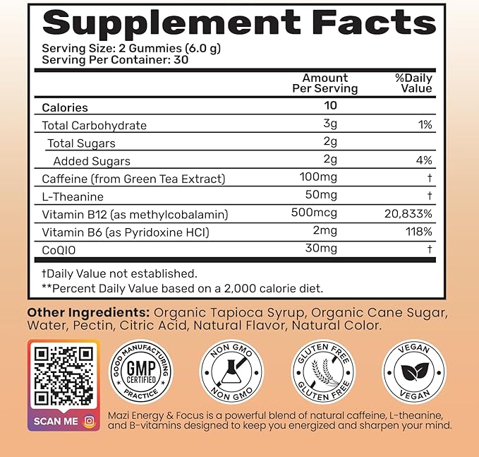 Energy & Focus Gummies | 100mg Natural Caffeine + L-Theanine + Vitamin B6 & B12 + CoQ10 | Nootropic Cognitive Brain Performance Supplement | No Crash or Jitters