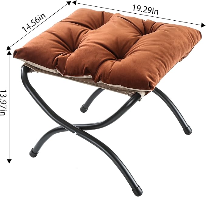 15" Foldable Foot Stool Ottoman with Metal Frame - Washable Brown Upholstered Indoor/Outdoor Footrest for Living Room, Bedroom, Patio - Space-Saving Compact Design