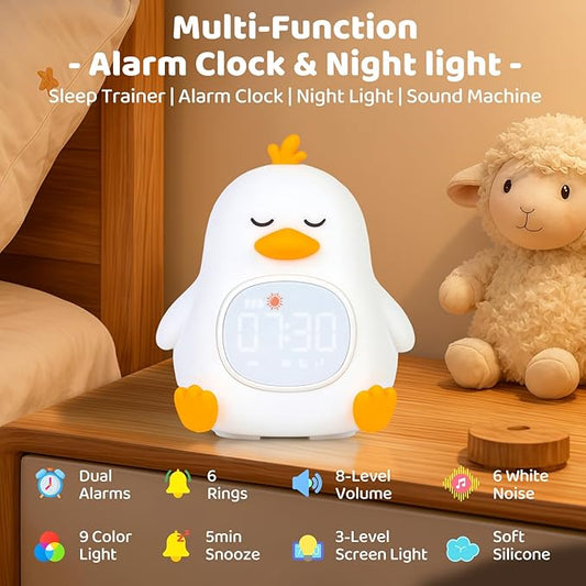 Sleepy Duck Alarm Clock with Night Light for Kids with Sleep Training and Sound Machine, Rechargeable Silicone Lamp OK to Wake Clock,Cute Animal Tabletop Lamp, Perfect Sleep Companion for Boys Girls
