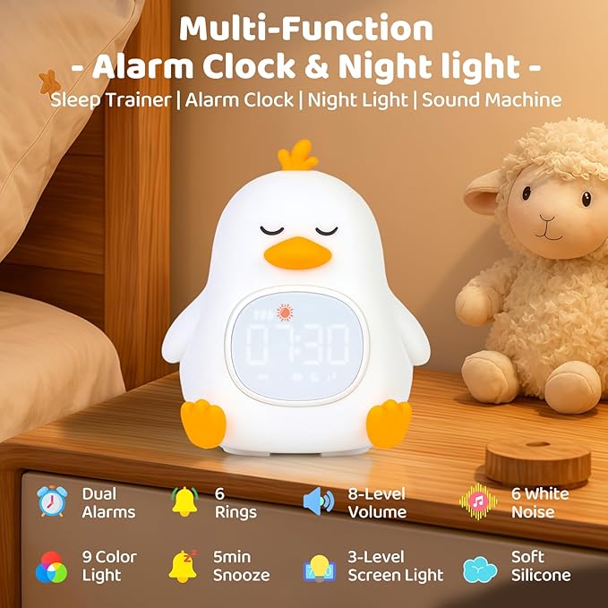 Sleepy Duck Alarm Clock with Night Light for Kids with Sleep Training and Sound Machine, Rechargeable Silicone Lamp OK to Wake Clock,Cute Animal Tabletop Lamp, Perfect Sleep Companion for Boys Girls