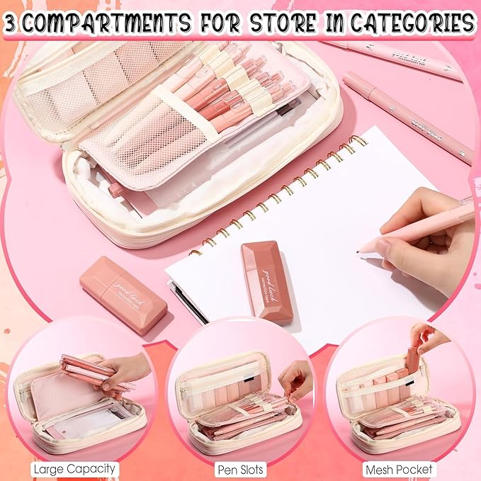 Janlaugh 38 Pcs Aesthetic College School Supplies with Pen Case Sticky Notes Gel Pens Highlighters Correction Tapes Back to School Stationery Kit(Pink Color,Classic)