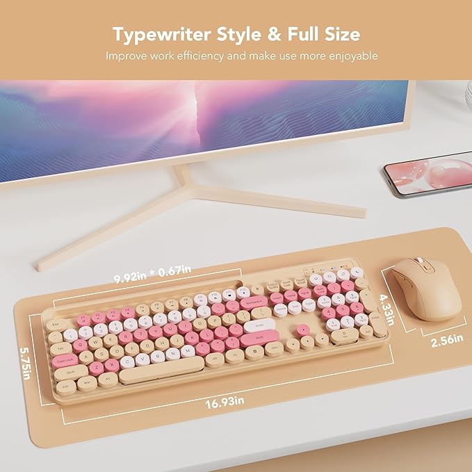 Wireless Keyboard and Mouse Combo, Retro Round Keycaps, Cute Full-Size Typewriter Keyboard with Phone Holder, Sleep Mode, Click Soft, 2.4GHz Cordless Connection for Windows/PC/Laptop (Latte-Colorful)