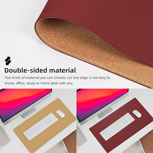 AFIING Leather Desk pad Protector, Large Desk mat with Natural Cork & PU Leather,Mouse pad,Non-Slip Office Desk Mat,Waterproof Desk Writing Pad for Office and Home (23.6in*13in, Red)