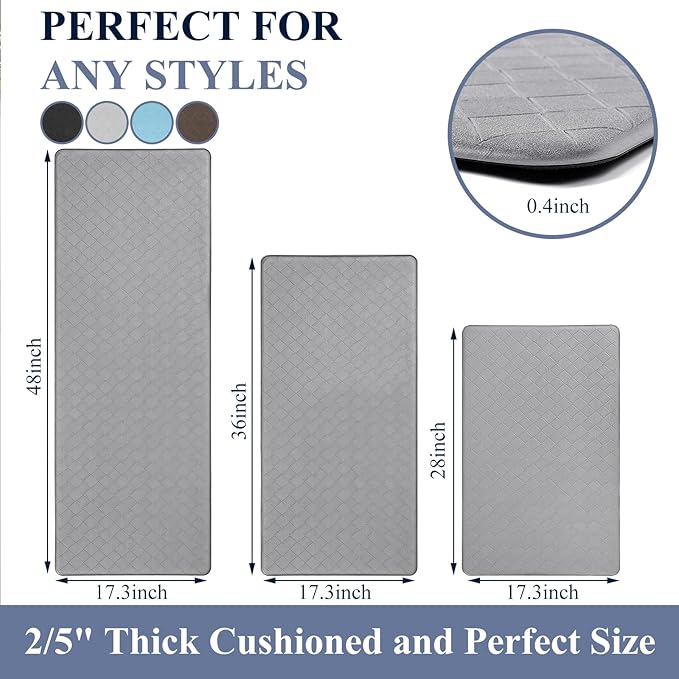 HEBE Anti Fatigue Kitchen Mats for Floor 3 Piece Set Non Slip Waterproof Comfort Standing Mat Runner for Home Office, Sink, Laundry