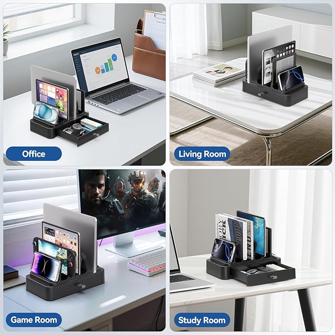 KDD Vertical Laptop Stand with Drawer - 7-in-1 Space-Saving Laptop Holder with Gravity Locking Fits MacBook, Dell, HP, Chromebook, Surface Pro, Tablet, Cell Phone, Switch, Keyboard Desktop Organizer