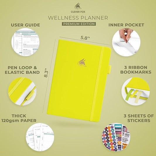 Clever Fox Wellness Planner - Weekly & Daily Health and Wellness Log, Food Journal & Meal Planner Diary for Calorie Counting, Notebook for Medical Condition Tracking, A5-Sized - Neon Yellow