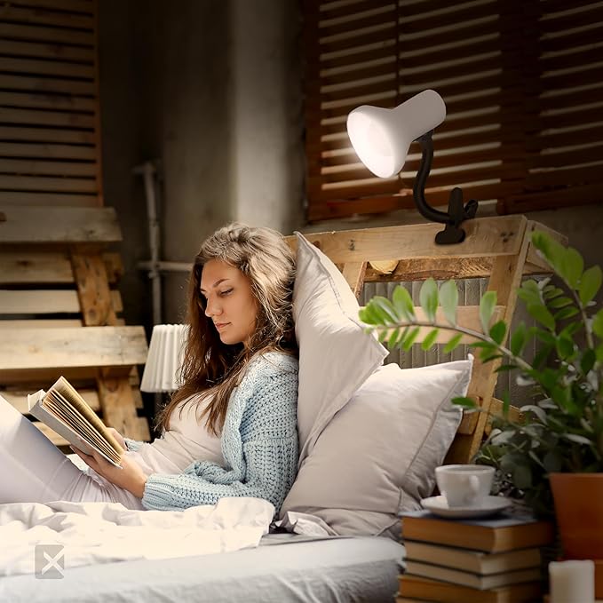 Xtricity LED Clip on Desk Lamp with 360° Flexible Gooseneck, Reading Light for Bed Headboard– 6W A19 Bulb Included, 120V, On/Off Switch, 10.25” Height Table Lamp with White Finish (2 Pack)
