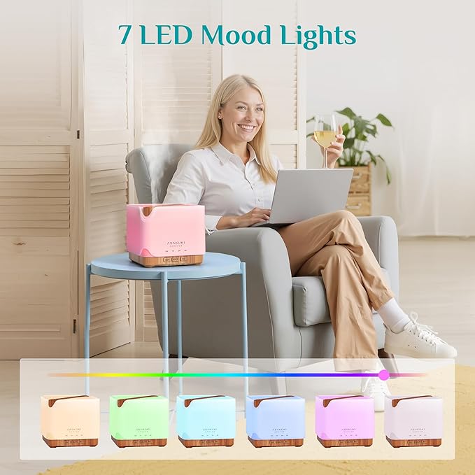 ASAKUKI Essential Oil Diffuser 700ml, Ultrasonic Aromatherapy Humidifier with Top 6 Essential Oils Set, 7 LED Colors, Timer & Auto-Off, Large Room Diffuser