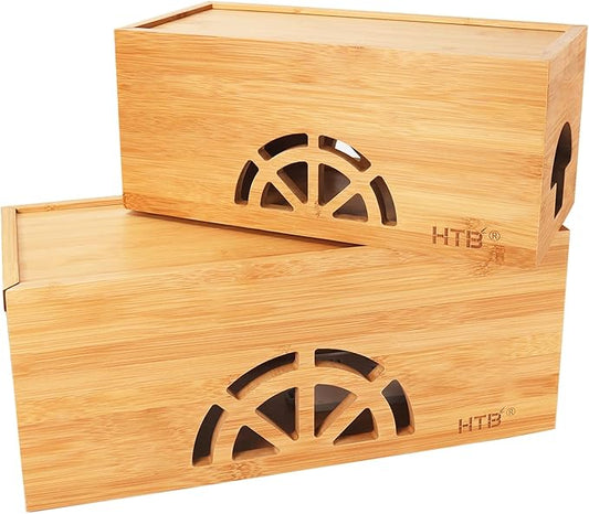 Cable Management Box Set of 2 by HTB, Large & Small Bamboo Cord Organizer Box to Hide Wires & Power Strips | Desk Computer Cable Management Box | Cable Storage | Cord Box Hider for Home & Office