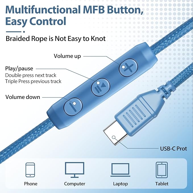 INFURTURE USB C Headphones with Mic,Volume Control,Tangle-Free Plaiting Line,Type C Headphones Wired,Lightweight Foldable for iPhone 15/16 Headphone Series/Tablet/School/Travel/Sports/Audiobooks