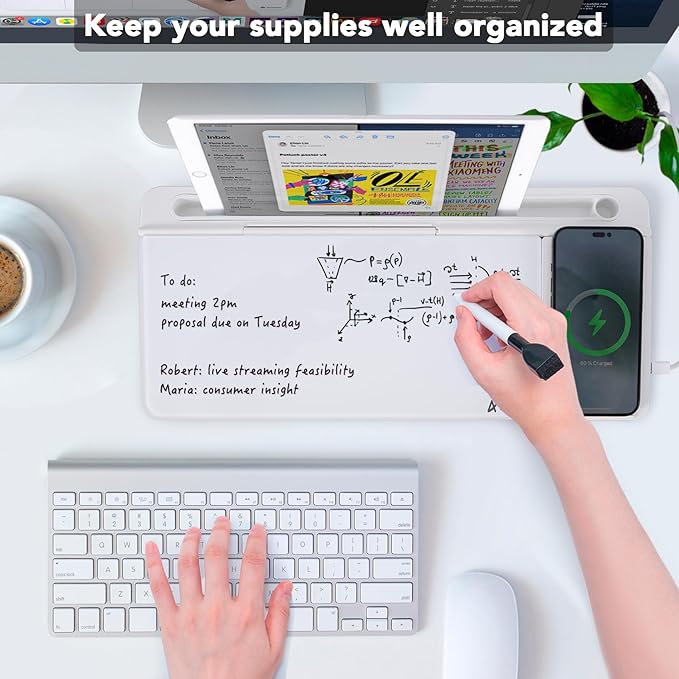 Varhomax Glass Desk Whiteboard with Wireless Charger, Desktop Dry Erase White Board with Storage, to Do List Memo Notepad for Home and Office