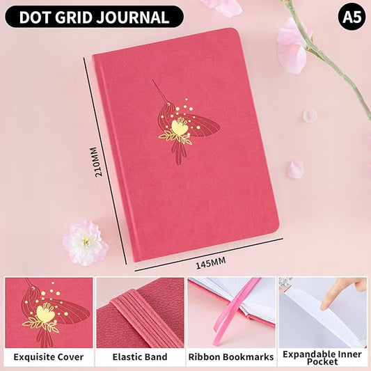 Dot Grid Journal with 160GSM Thick Paper, 192 Pages, A5 Dotted Notebook for Work, School, Travel | 180° Lay Flat, Foil Stamped Cover, Elastic Band, 2 Bookmarks & Inner Pocket (Rose Red)