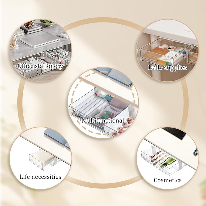 3 Pcs Under Desk Drawer Organizer, Table Hidden Slide Out Desk Drawers Clear Mounted Desktop Pencil Holder 2 Sizes Drawer Divider for Home Office Kitchen Bedroom