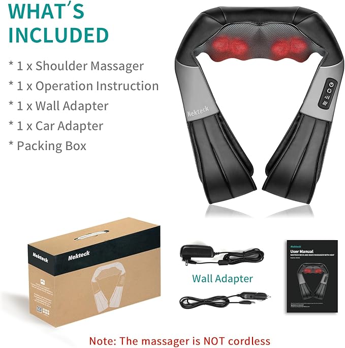 Nekteck Shiatsu Neck Massager for Pain Relief Deep Tissue with Heat, 3D Kneading Massage Pillow Back Shoulder Massagerfor Body Muscle, Plug-in Use for Home Office Car, Gifts for Mom Dad Him Her