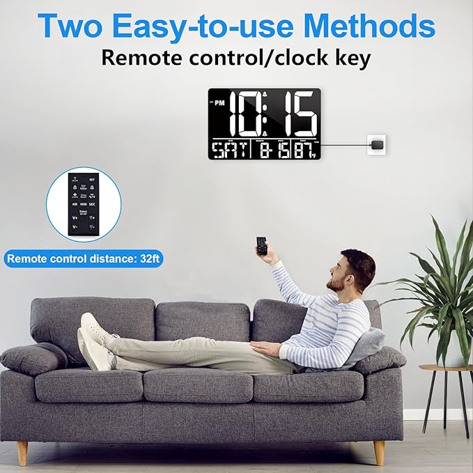 13" Digital Wall Clock Large Display with Remote, 25 Ringtones, Temperature, Calendar, 0-100% Auto or Custom Brightness, 12/24H, DST, Timer, for Living Room, Kitchen, Bedroom, Office, Elderly