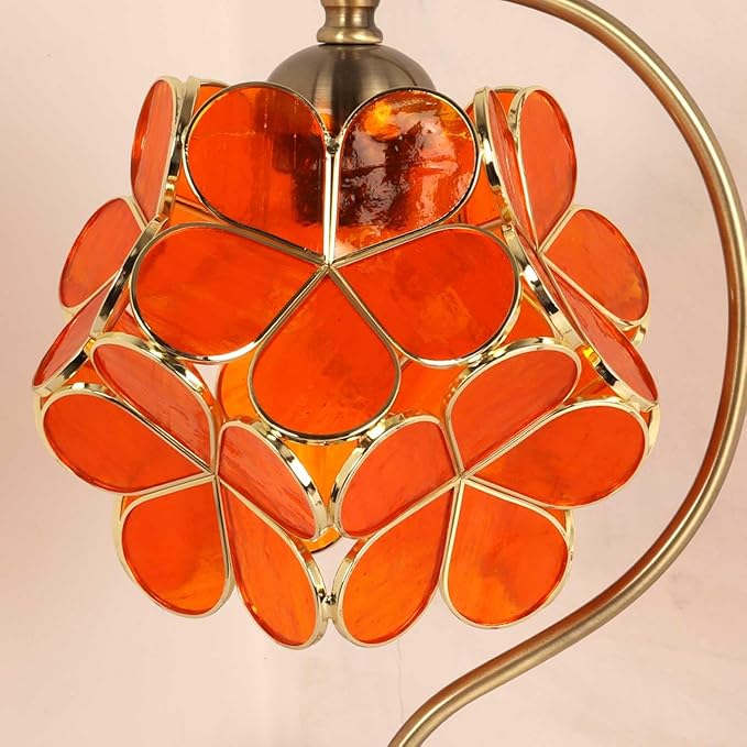 Bieye L10909 Tiffany Style Stained Glass Flower Petal Table Lamp with Brass Base for Home Décor (Orange Transparent, 8" Cherry Blossom)