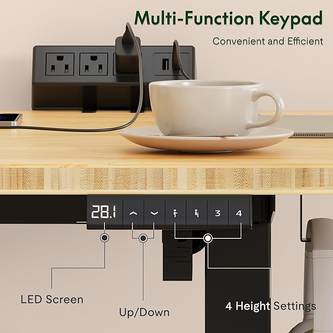 FLEXISPOT EN2 Whole-Piece Bamboo Standing Desk with Clamp Power Strip, 55 x 28 Electric Stand Up Height Adjustable Desk with Cable Management (Black Frame + 55" Bamboo Top, 2 Packages)
