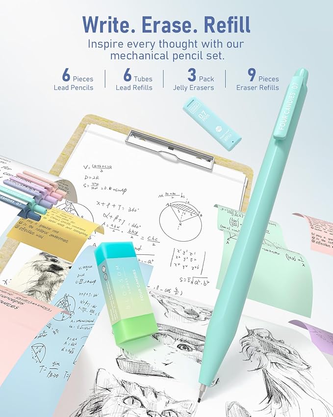 Four Candies 39 PCS Aesthetic School Supplies with Cute Pen Case, 12 Pastel Highlighters, 5 Black Ink Gel Pens, 6 Mechanical Pencils Set 0.5 & 0.7mm for Students Stationary College Essentials (Blue)