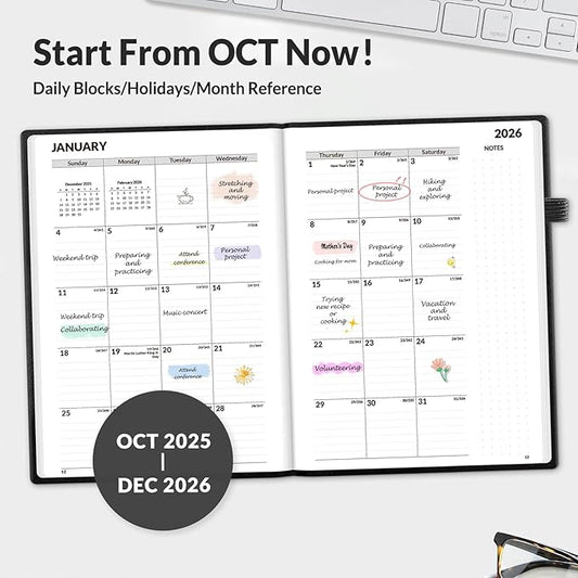 SUNEE 2026 Weekly & Monthly Hardcover Planner 5.5" x 8.3" - 12 Month (January 2026 - December 2026), Small Hardcover Planner, Pocket, Notes, 100 GSM Paper, Black