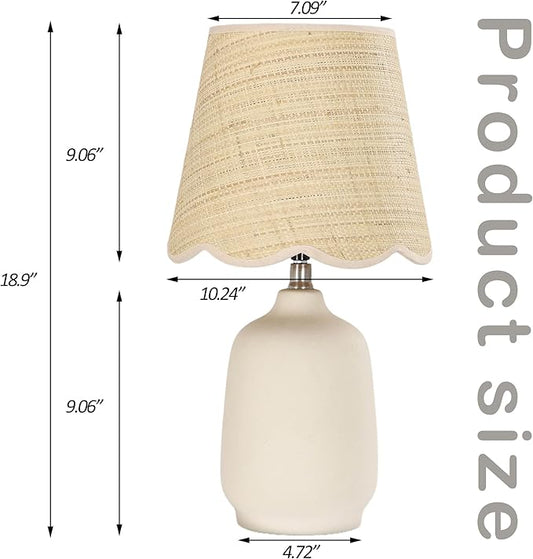 Pia Ricco 19" Modern Ceramic Table Lamp for Living Room Cream Base Desk Lamps for Bedroom Farmhouse Bedside Nightstand Lamp End Table Lamps,Beige,Rattan Shade