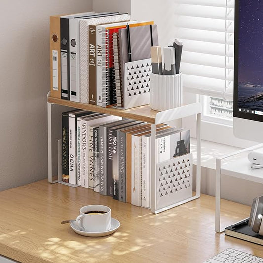 Mitus Shelf Organizer and Storage, Tiered Wood Cabinet Rack for The Kitchen Counter, Bathroom Counter, Pantry Cupboard, Office Desk Bookshelf, 12" Wide Natural and White (Large)